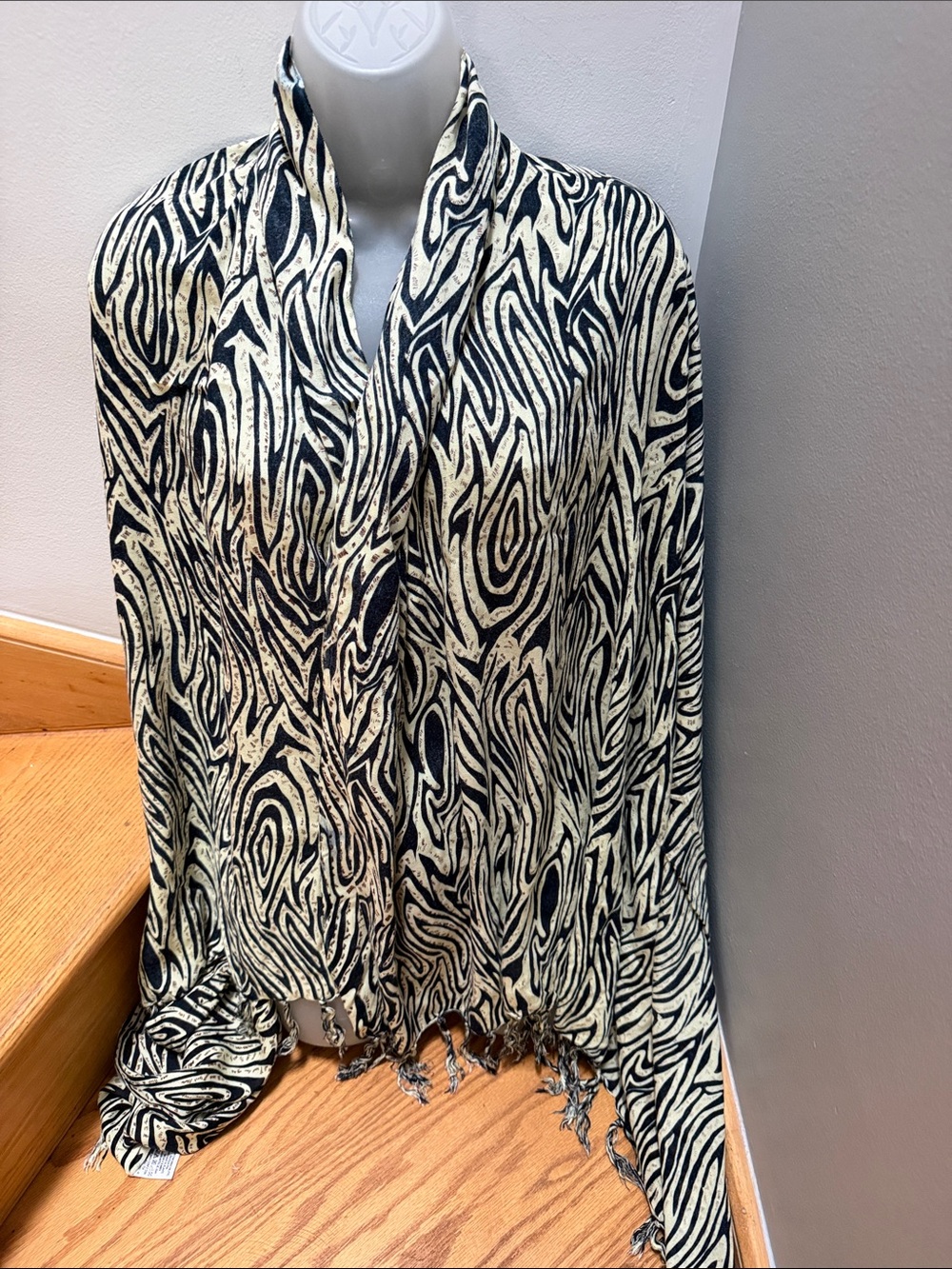 Arak Madu Viscose Scarf Wrap Zebra Print Soft Light Beige Black Fringed